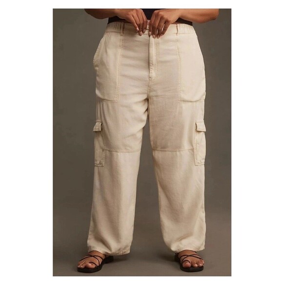 ANTHROPOLOGIE PILCRO Slim Linen Blend Cargo Pants Plus Size 2X Ivory NEW Beach - Picture 2 of 14